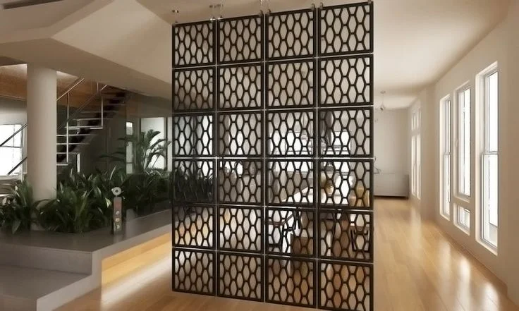 Industrial-style custom metal partition in Dubai café interior